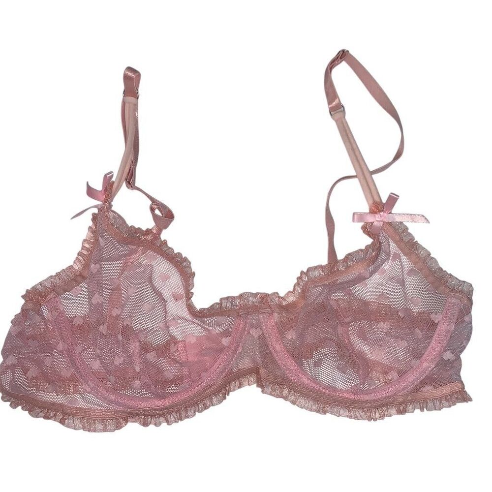 Vintage Pink Lace‎ Underwire Bra M Heart Pattern Bow Coquette
